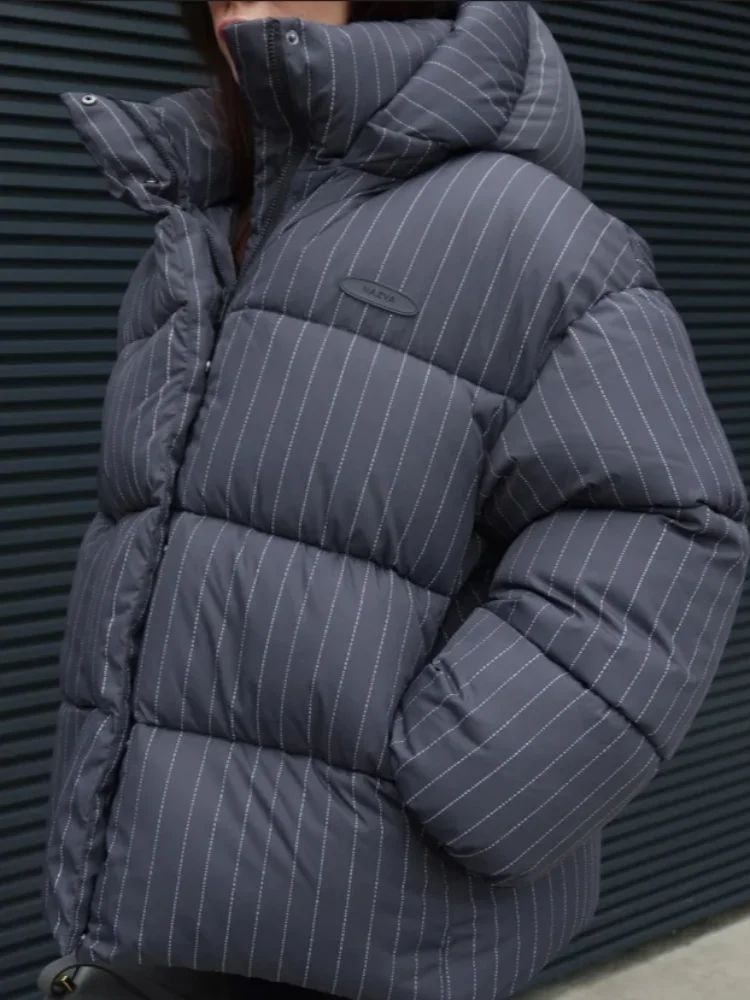 Women's Pinstripe Oversized Puffer Jacket Full Sleeve Detachable Hood Zipper Warm Coat 2025 Autumn Winter Female Casual Wear