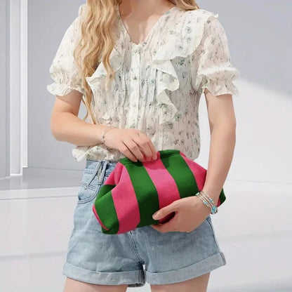 Summer Beach Clutch Bag for Women Woven Crochet Handbags Purses Knitting Dumpling Clutch Ruched Cute Cloud Casual Colorblock Bag