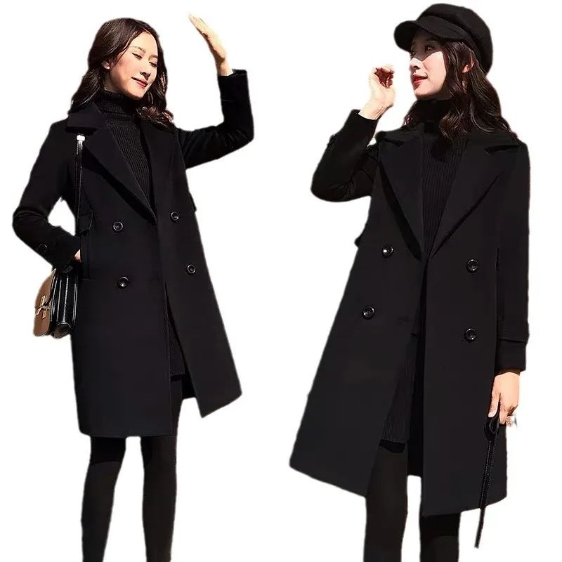Plus Size Black Woolen Coat 2025 New Style Women's Autumn Winter Professional Mid-Length Trendy Polyester Fiber Suit Collar F...