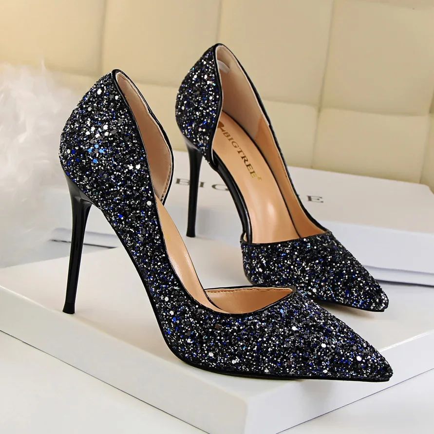 Plus Size 34-43 Women 9.5cm High Heels Stripper  Bling Glod Red Silver Scarpins Pumps Lady Stiletto Wedding Bridal Fetish Shoes