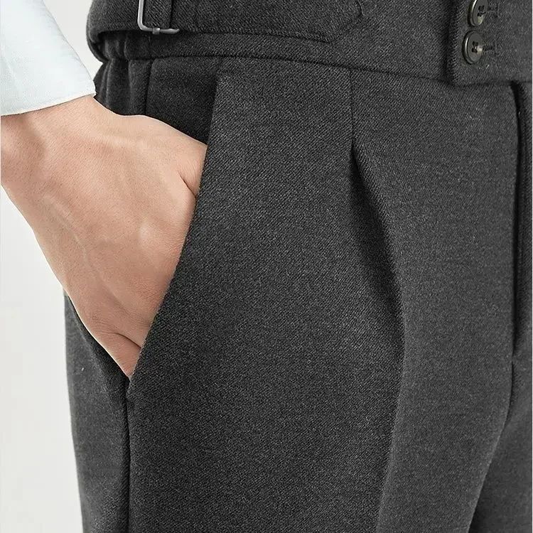 2024 Men's Autumn Winter Fashion High Waist Wool Trousers Male Tweed Casual Pockets Pants Men Long Straight Suit Pants F394