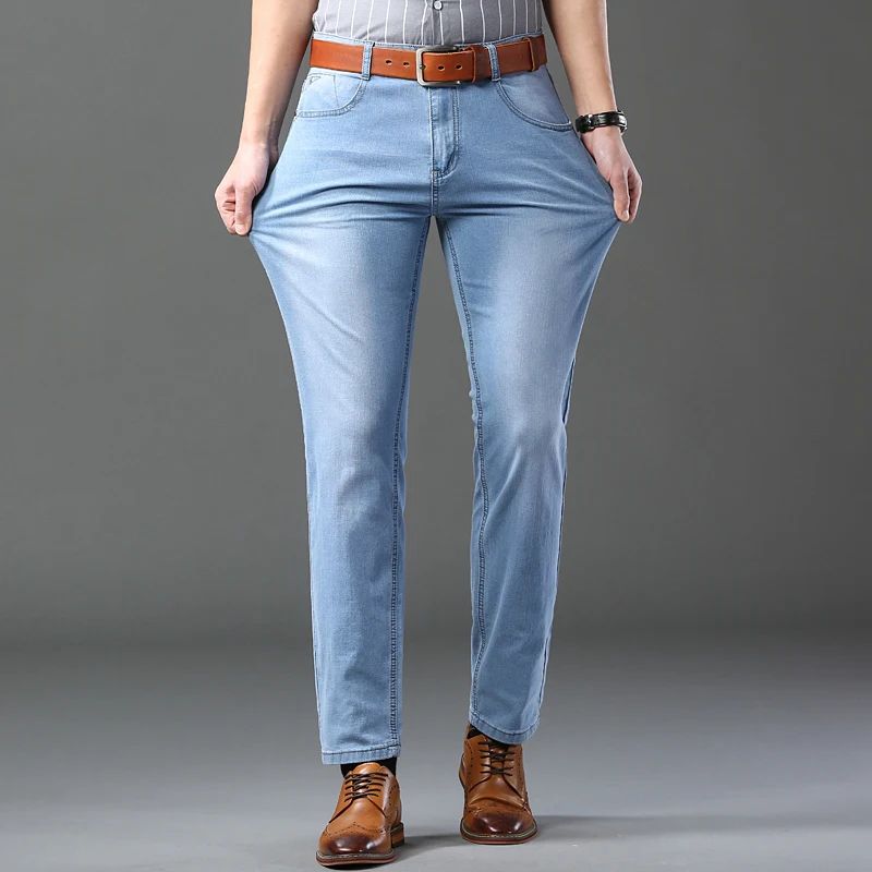 Spring Autumn Business Men Jeans Casual Straight Stretch Fashion Classic Black Sky Blue Grey Work Denim Trousers Brand Clothing