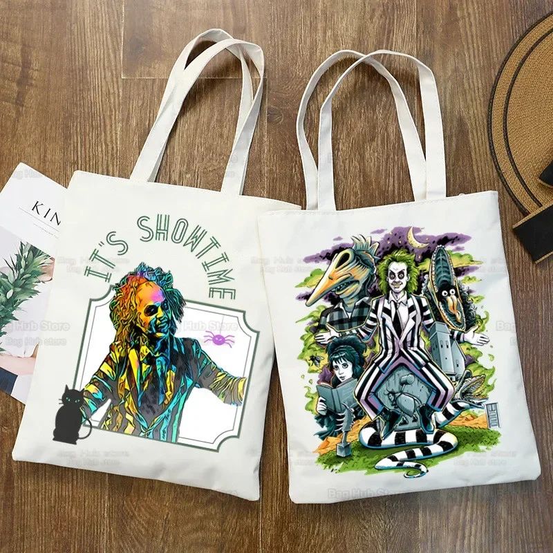 Beetlejuice Horror Gift Shopping Bag Print Original Design White Unisex Fashion Travel Canvas Bags