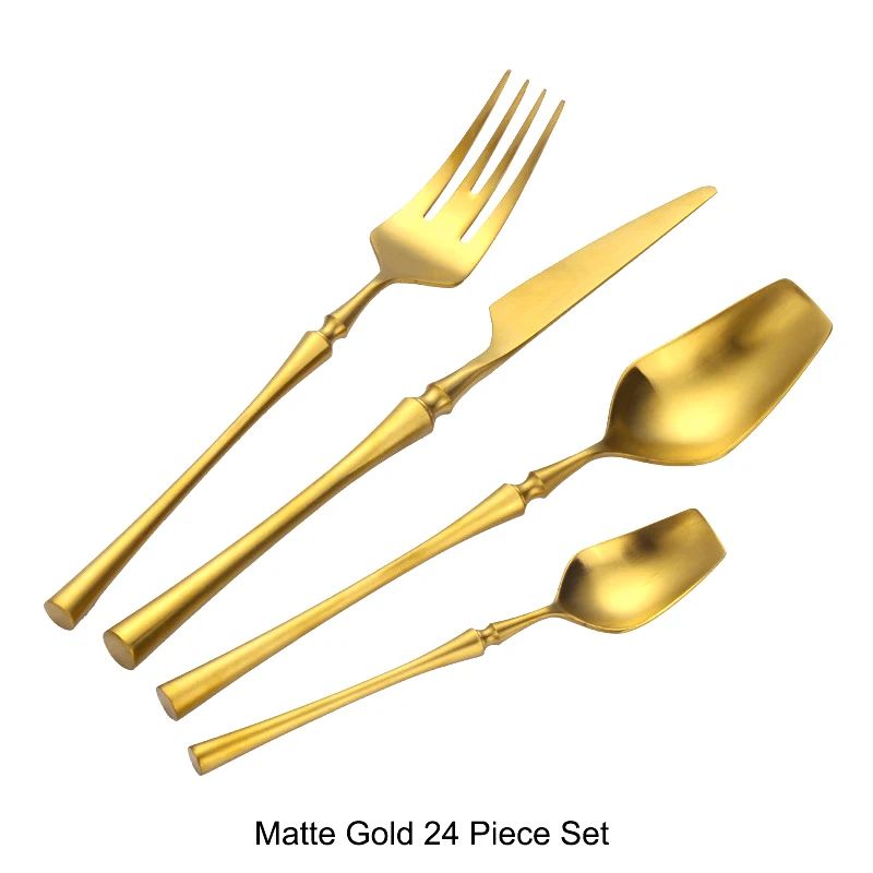 Conjunto de Talheres 24 Peças Aço Inox Fosco Preto Dourado Jogo de Talheres de Mesa Faca Colher Garfo Lavável em Lava-louças