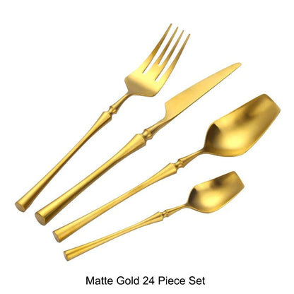 Conjunto de Talheres 24 Peças Aço Inox Fosco Preto Dourado Jogo de Talheres de Mesa Faca Colher Garfo Lavável em Lava-louças