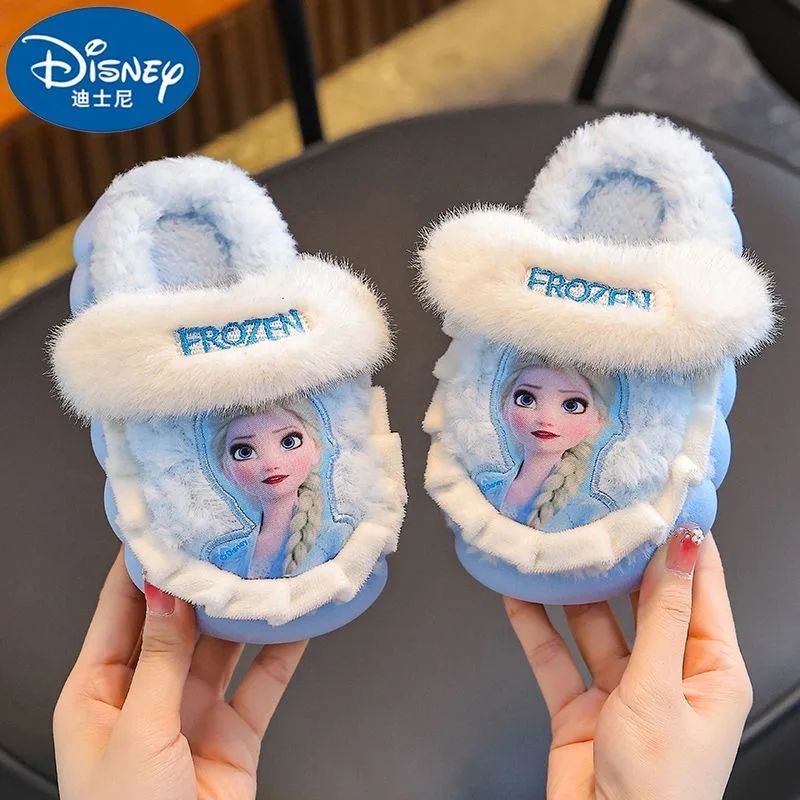 Chinelo de Algodão Infantil Inverno Princesa Disney Elsa Frozen Menina Antiderrapante Quente Para Bebê Rosa Azul Tamanho 26-35