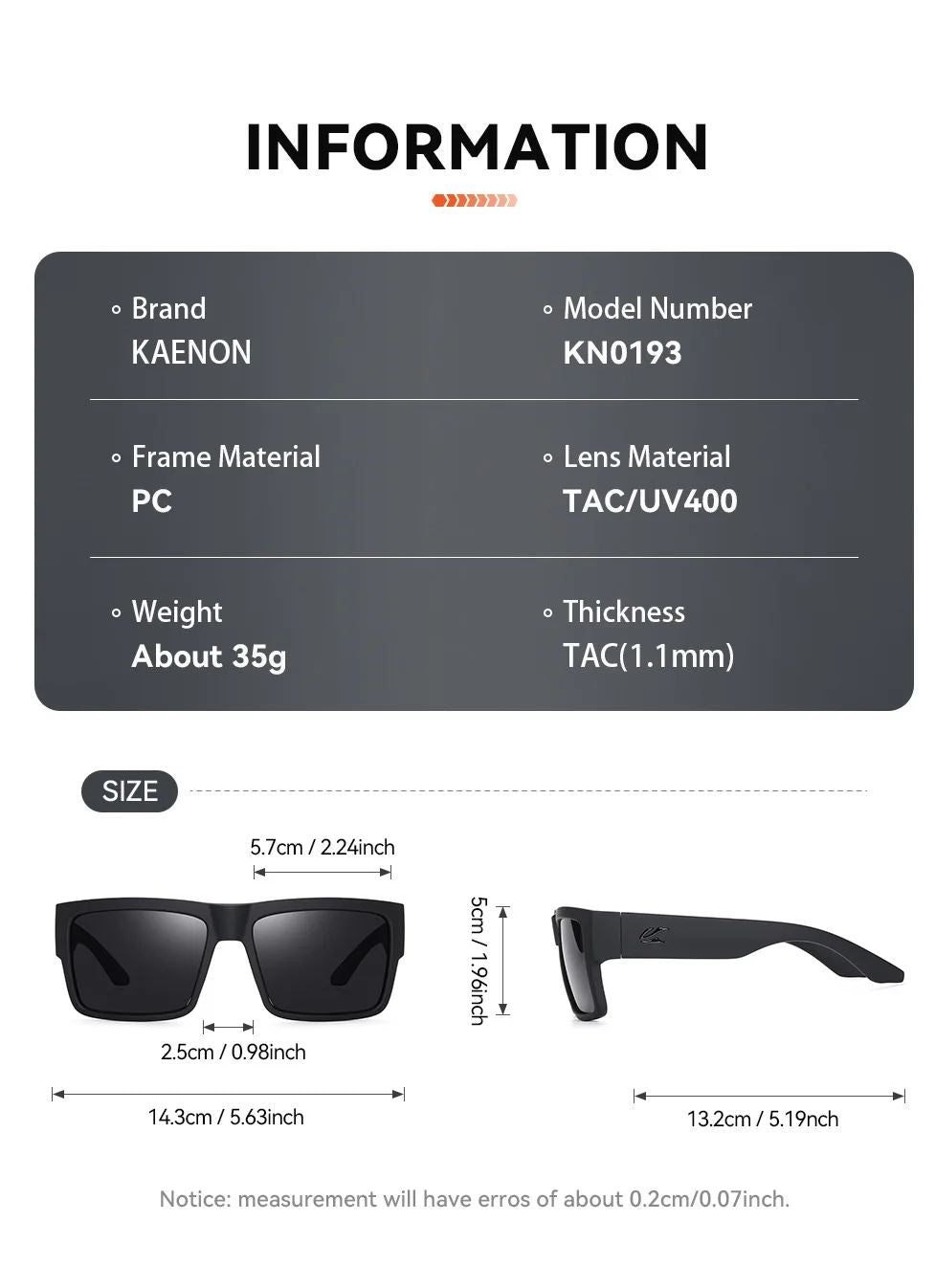 KAENON Fashion Square Versatile Polarized Sunglasses Men Women Sports Fishing Driving Sun Glasses UV400 Eyewear
