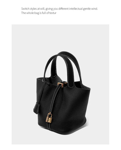 Genuine Leather Shoulder Bucket Bag Women Litchi Pattern Mini Basket Tote Soft Handbag Mommy Bride Wedding Bags with Lock