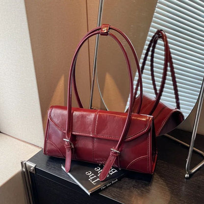 High End Burgundy Oil Wax Leather Underarm Bag Elegant Women's Magnetic Buckle Shoulder Bag Commuter Versatile Ladies Tote Bags