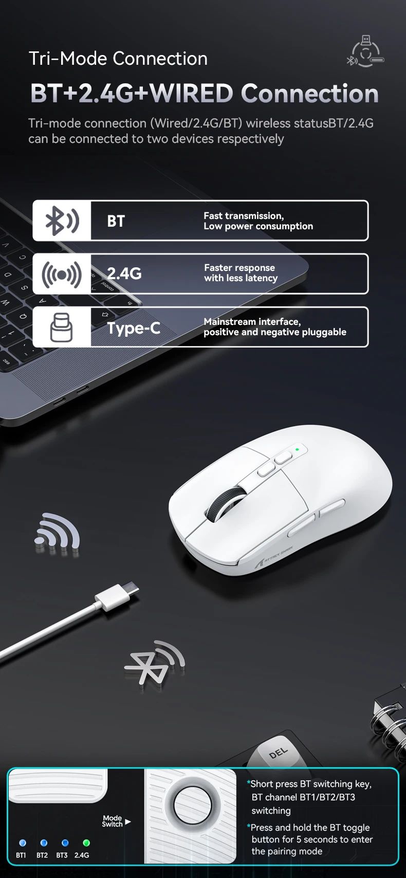 Attack Shark X6 PAW3395 Bluetooth Mouse,2.4 Tri-Mode Connection, RGB Touch Magnetic Charging Base, Macro Gaming Mouse