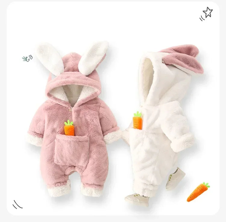 Baby Rompers Winter Warm Coral Fleece Newborn Baby Girl Clothes Cartoon Rabbit Coats Infant Jumpsuit Animal Overalls Pajamas