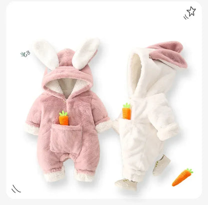 Baby Rompers Winter Warm Coral Fleece Newborn Baby Girl Clothes Cartoon Rabbit Coats Infant Jumpsuit Animal Overalls Pajamas