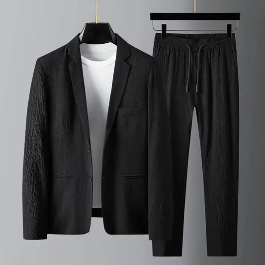 Men Suit Drawstring Pants Blazers Men's Sets Tracksuit Spring Autumn Pleated Suits Thin Casual Outfits Black White Single Button