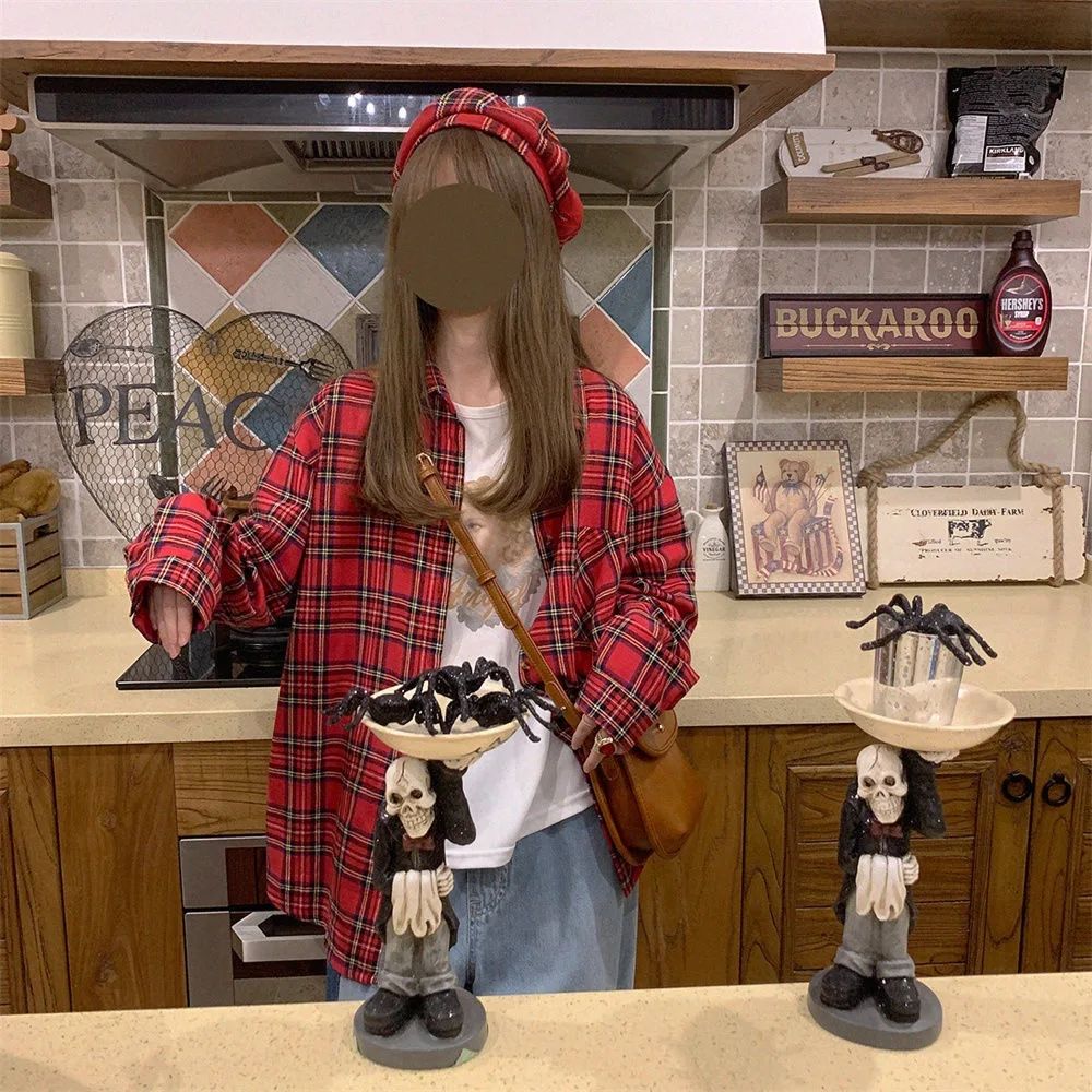 Scottish Red Plaid Shirt Luxury Hong Kong Style Vintage Loose Fit Women's Button up Shirt Polo Collar Full Sleeve Slim Fit