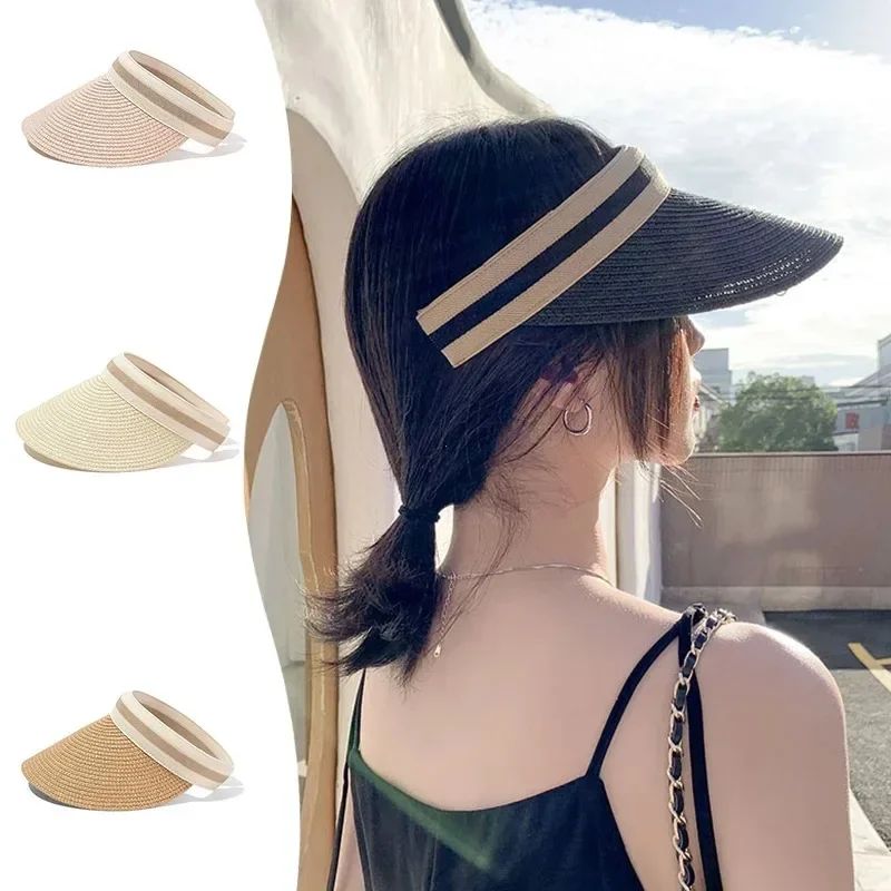 2025 New Summer Outdoor Visor Cap Casual Shade Hat Straw Wide Empty Top Sun Hat Anti Uv Female Large Brim Beach Sunhat Lady