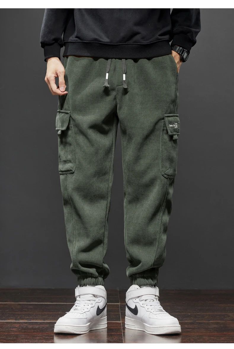 Men's Corduroy Harem Cargo Pants Elastic Waist Casual Joggers Sweatpants Spring Autumn Armygreen Gray Black Trousers Streetwear