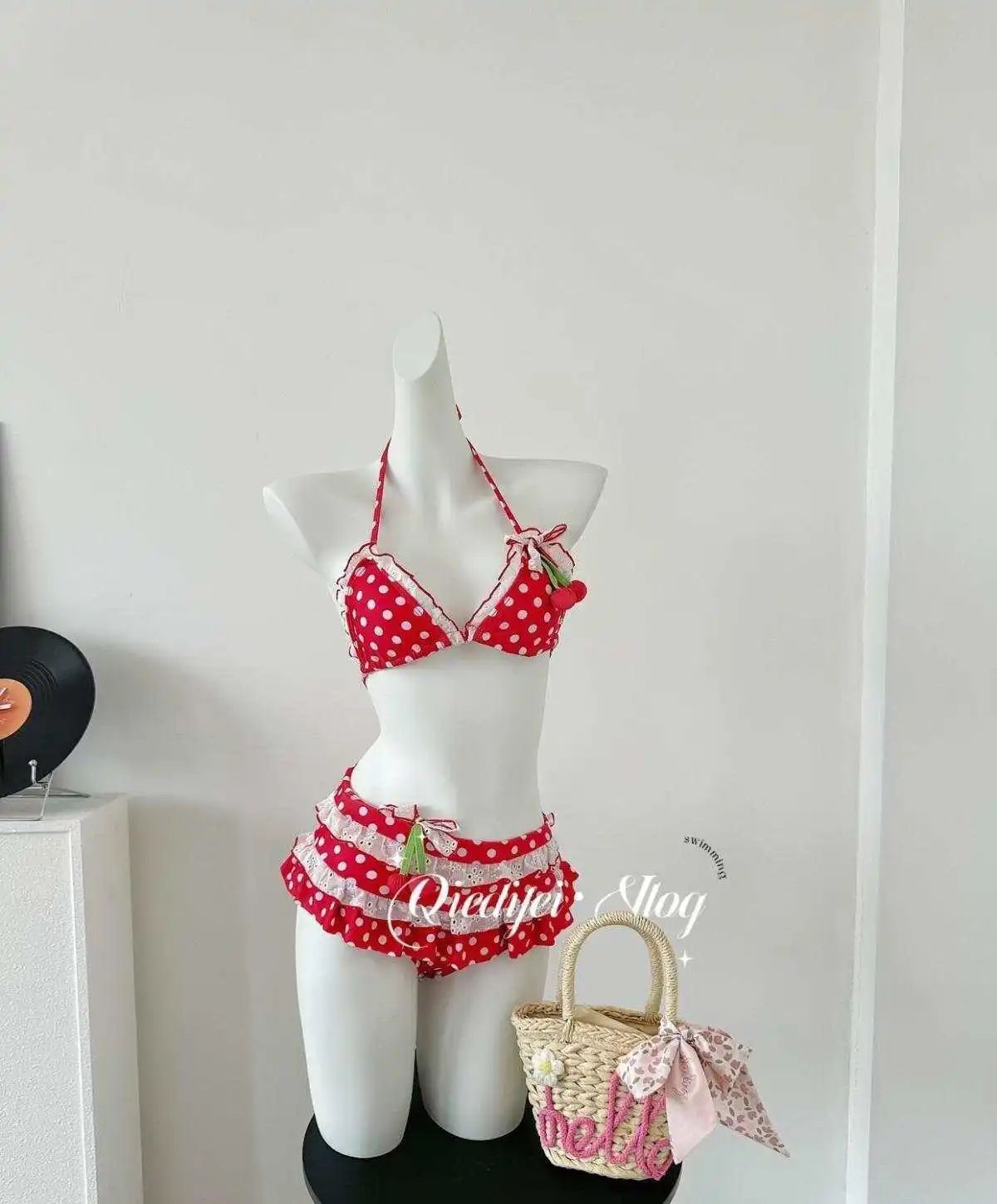 2025 New Bikini Set Cherry Pattern Three Pieces Cute Beach Vacation Swimsuit Ins Style Pure Desire Girl Adorable Split Design