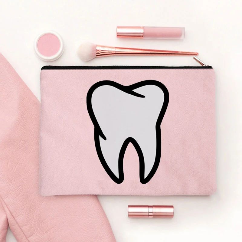2024 Cute Teeth Cartoon White Zipper Makeup Bag Dental Clinic Storage Bag Women's Single Party Minimalist Decorative Handbag