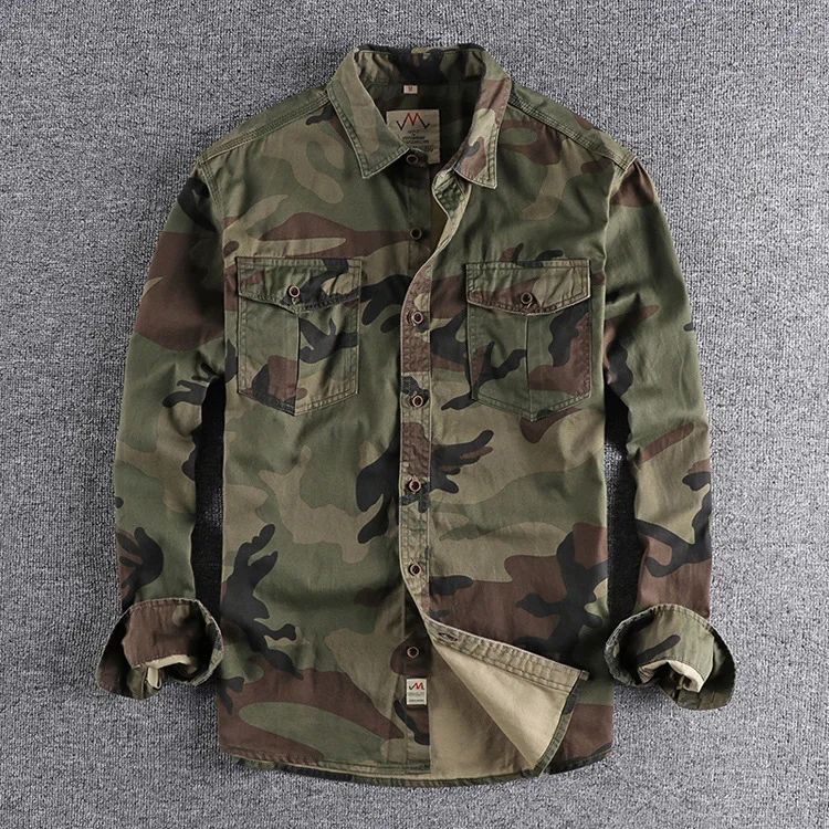 Men's Double Pocket Long Sleeve Shirts Camouflage Cargo Shirts High Quality 100% Cotton Outdoor Hiking Sports Casual Shirts