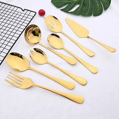 2Pcs Salad Spoon Dinnerware Set Gold Unique Spoon Cutlery Set Salad Fork Stainless Steel Tableware Party Serving Spoon Flatware