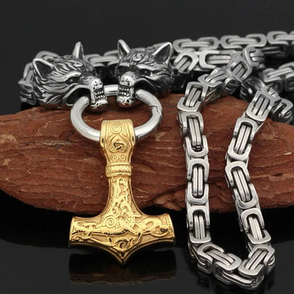 Colar Pingente Martelo Viking Nórdico Retrô Elegante e Requintado com Cabeça de Lobo para Presente de Joias Masculinas Personalizadas