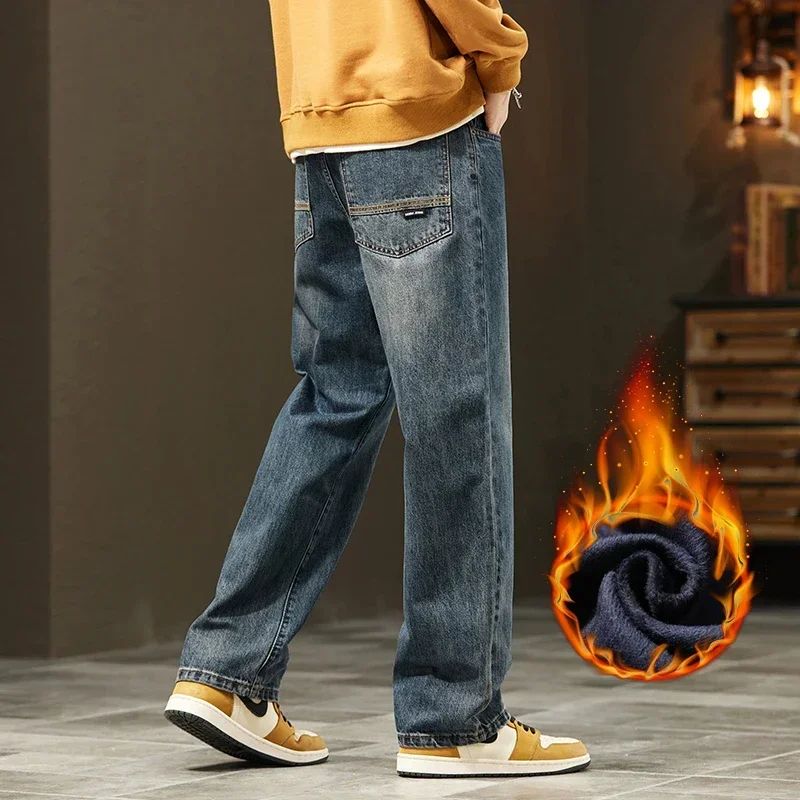 Thick Vintage Jeans Men's Winter Straight Warm Fleece Baggy Thermal Denim Trousers Fashion Korean Wide Male Plush Pants