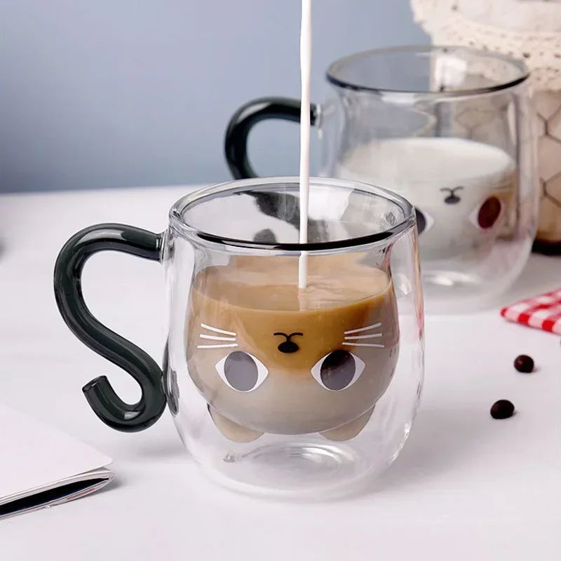 Copo de Vidro de Parede Dupla Gato Criativo 250ml com Alça Copo de Café Fofo Caneca Resistente ao Calor Utensílio de Cozinha para Escritório