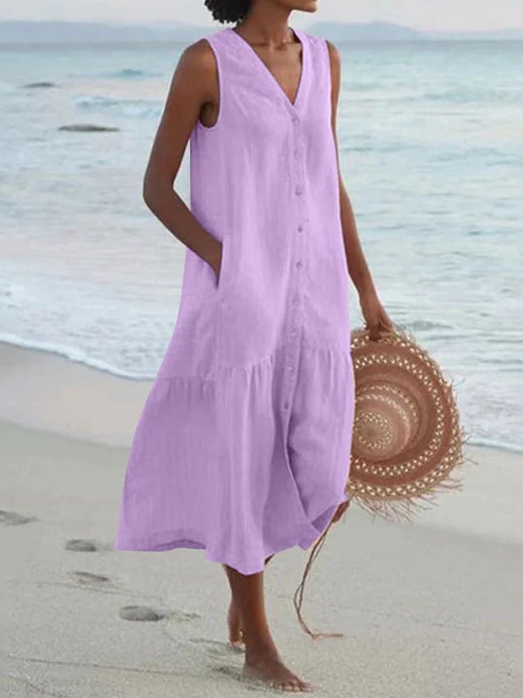Summer Loose Casual Patchwork Cotton Linen Pocktes Dress V Neck Beach Style Dres