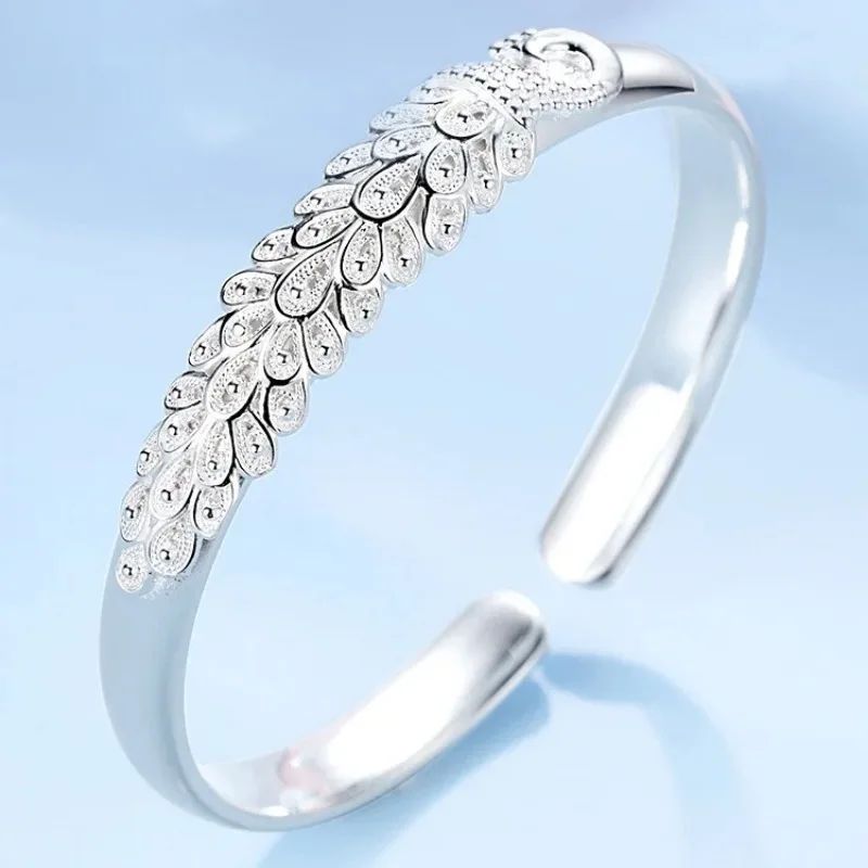 Pulseira Feminina Pavão Vazado de Prata Esterlina 925 Textura de Luxo Aberta Presente de Joias Originais para Festa