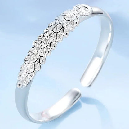 Pulseira Feminina Pavão Vazado de Prata Esterlina 925 Textura de Luxo Aberta Presente de Joias Originais para Festa