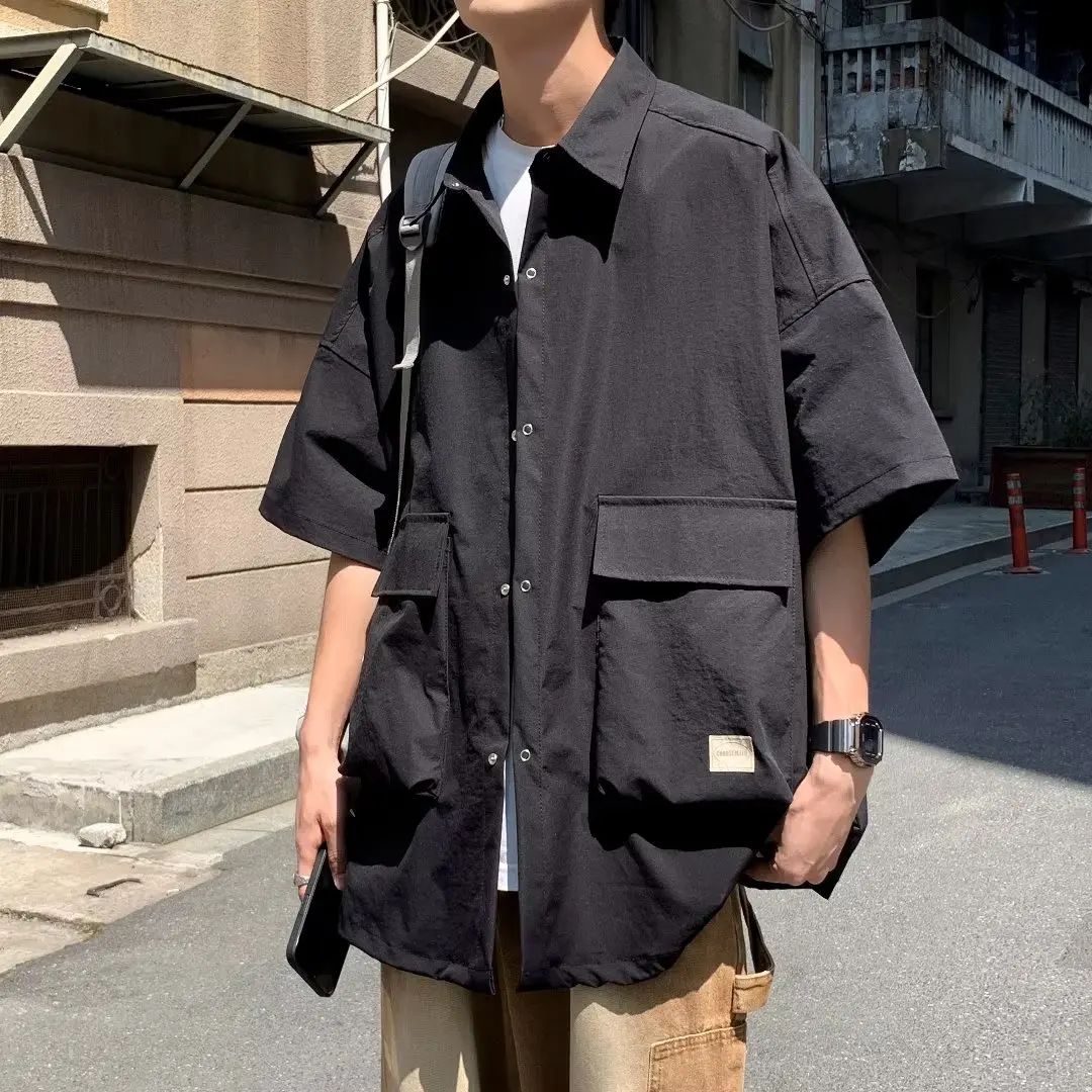 Men's Retro Large Pocket Cargo Shirt Jacket Coat Summer Loose Casual Short Sleeved Shirt For Men Y2k Japan Korea Streetwear