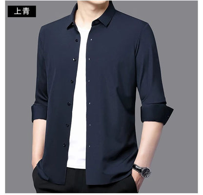 Seamless Anti-wrinkle Business Silky High Elastic Spandex Men's Long-sleeved Shirt Formal Social Non-iron Solid Color Casual