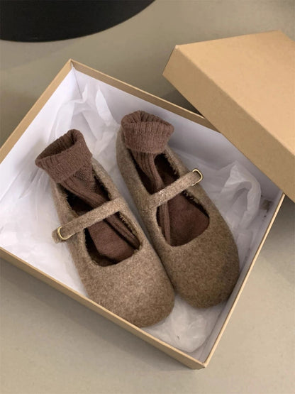 Fashion Square Toe Fleece Flet Ballet Flats Woman Winter Warm Wool Mary Jane Shoes Ladies Brand Design Elegant Plush Loafers