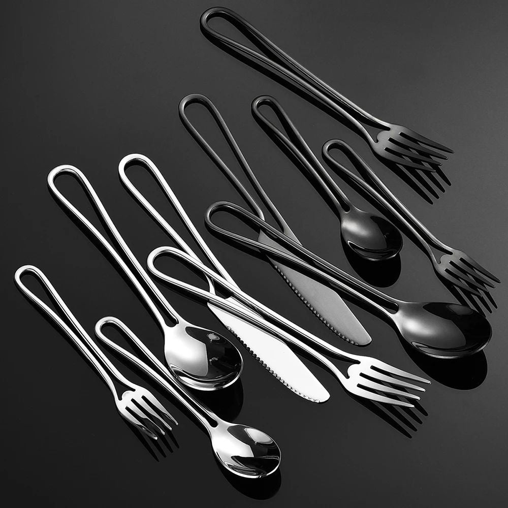 Conjunto de Talheres 4 Peças Aço Inoxidável Louça Cabo Vazado Faca Garfo Colher Jogo de Talheres Ocidentais Prata