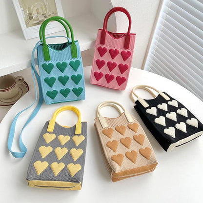 Korean Fashion Heart Knitted Mini Square Handbag for Women Small Mobile Phone Shoulder Bags Girls Cute Outdoor Crossbody Bags