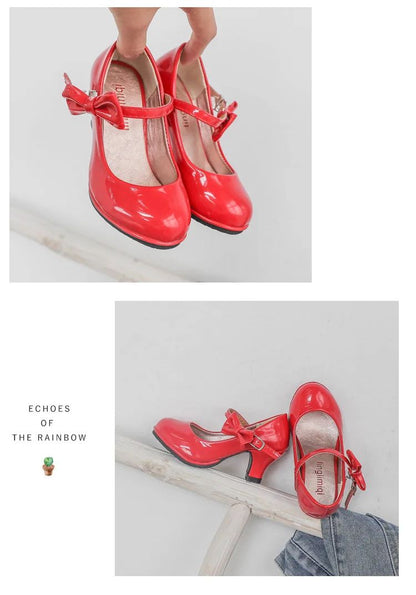 Fashion Girls High Heels Glossy Bowtie Kids Leather Shoe Spring Autumn Children Causal Princess Dress Shoes for Evening Party