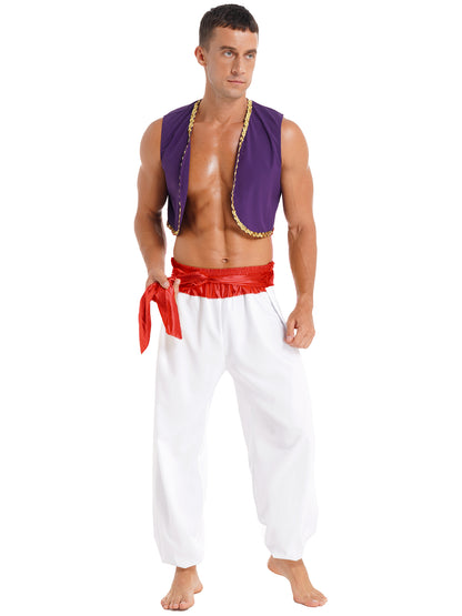 Aladin Costume Men Arabian Prince Cosplay Dress Up Waistcoat Top Harem Pants Suit Halloween Theme Party Carnival Stage Outfits