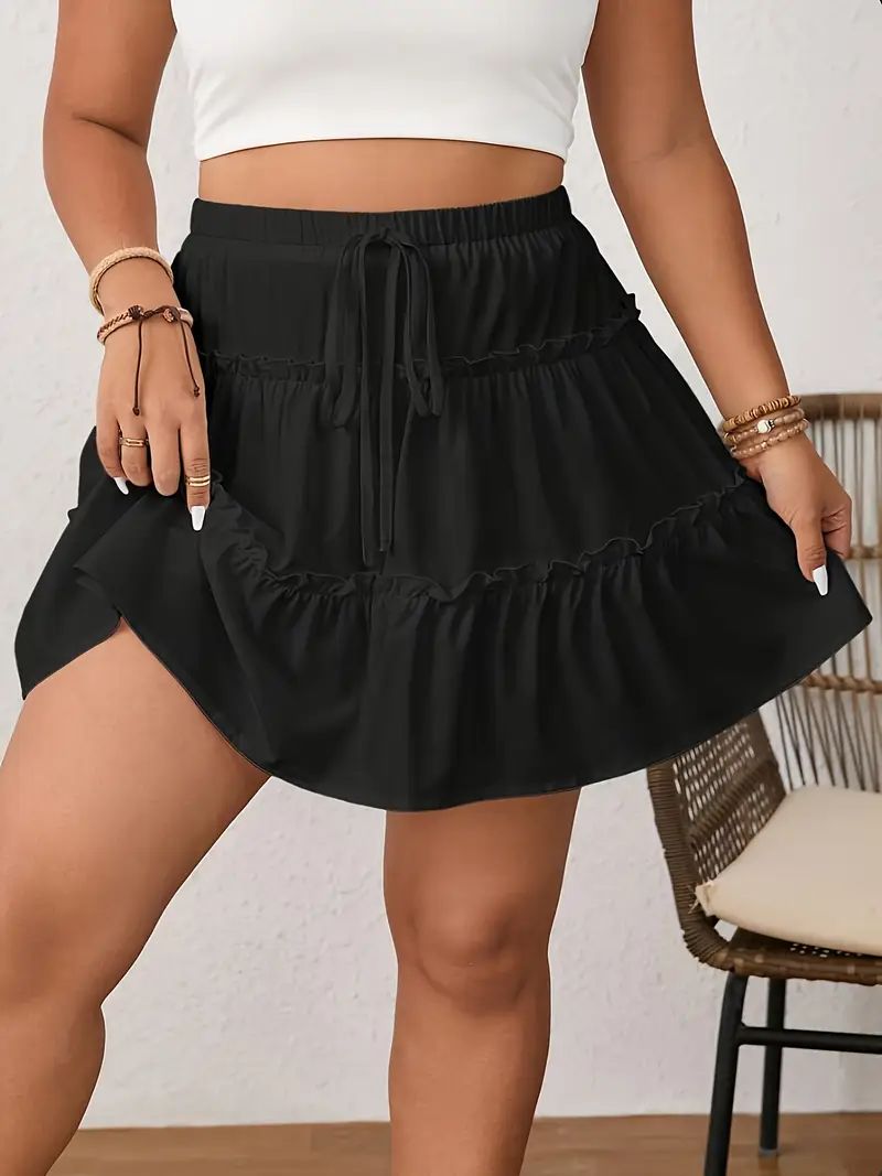 Plus Size Spring/Summer Women's Casual Elegant Solid Color A-Line Skirt  Ruffled Hem Elastic Waistband A-Line Skirt