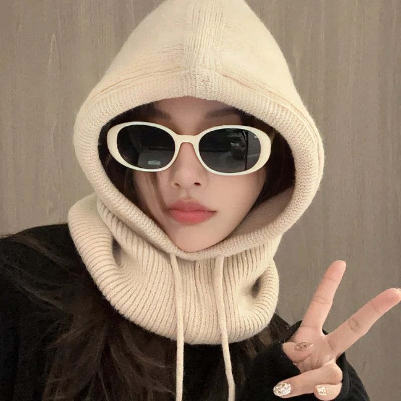 Knitted Hooded Caps Winter Balaclava Hats Women Korean Style Outdoor Warmer Drawstring Hats One-piece Neck Collar Beanies Cap