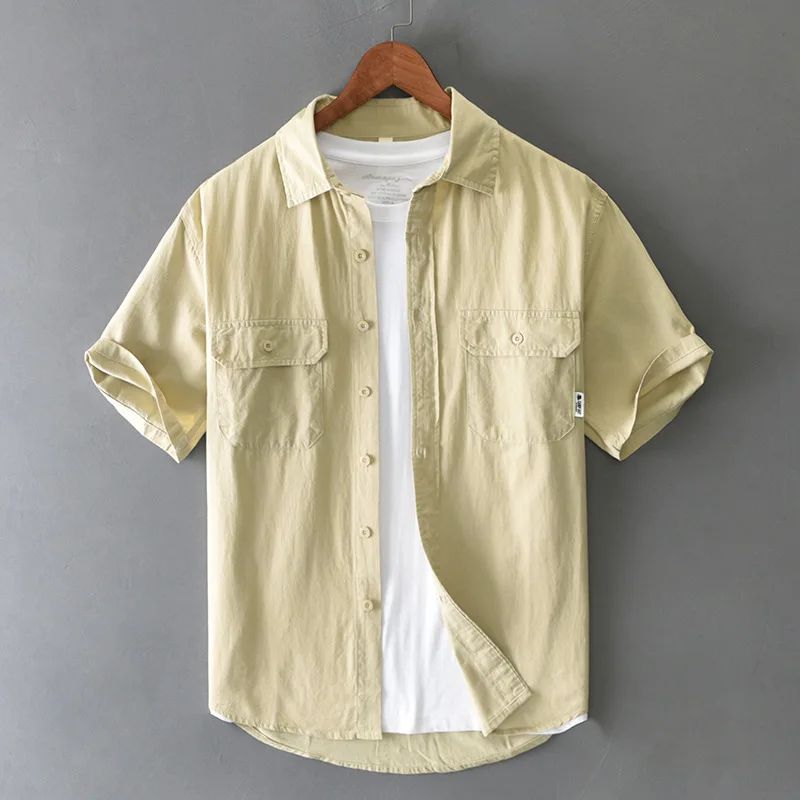 Summer Short Sleeve Cargo Shirt Men Streetwear Men Loose Shirts Casual Pure Cotton Double Pockets Khaki Shirt Fashion Clothing