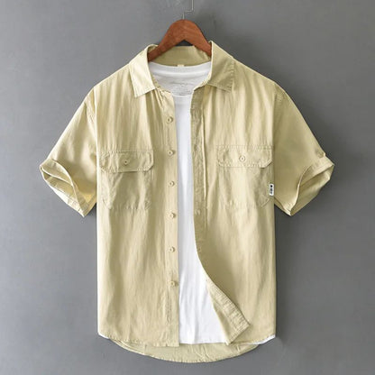 Summer Short Sleeve Cargo Shirt Men Streetwear Men Loose Shirts Casual Pure Cotton Double Pockets Khaki Shirt Fashion Clothing