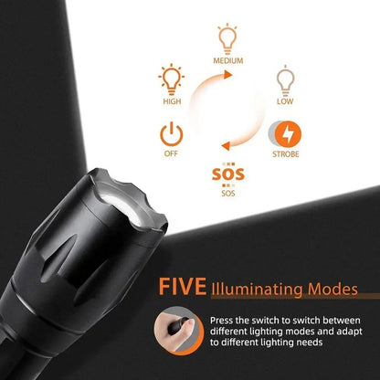 High Power T6 LED Flashlights Camping Torch 5 Light Modes Zoom Light Aluminum Alloys Waterproof Material External 18650 Battery