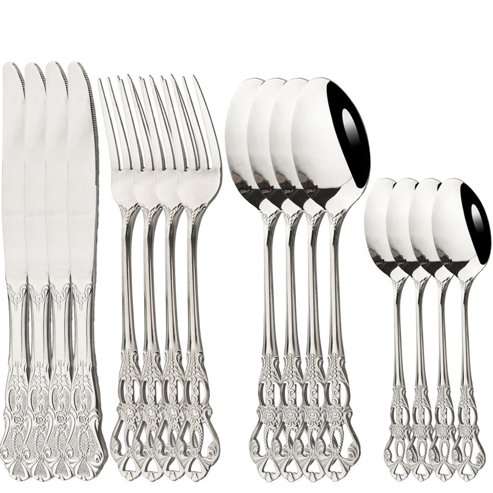 16Pcs Cutlery Sets Vintage Stainless Steel Tableware Dinner Knife Fork Dessert Spoon Dinnerware Set Kitchen Flatware