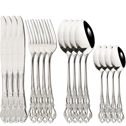 16Pcs Cutlery Sets Vintage Stainless Steel Tableware Dinner Knife Fork Dessert Spoon Dinnerware Set Kitchen Flatware