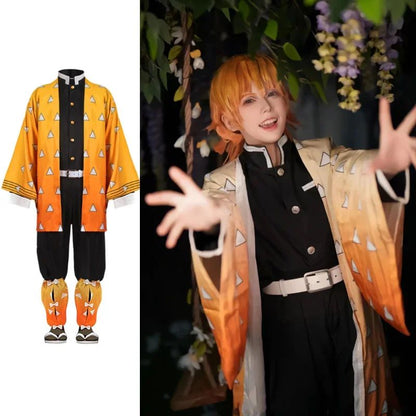 Anime Demon Moordenaar Kimetsu No Yaiba Agatsuma Zenitsu Cosplay  tuum Pruik Vrouwen Kimono Uniform Halloween Kerstfeest Kleding