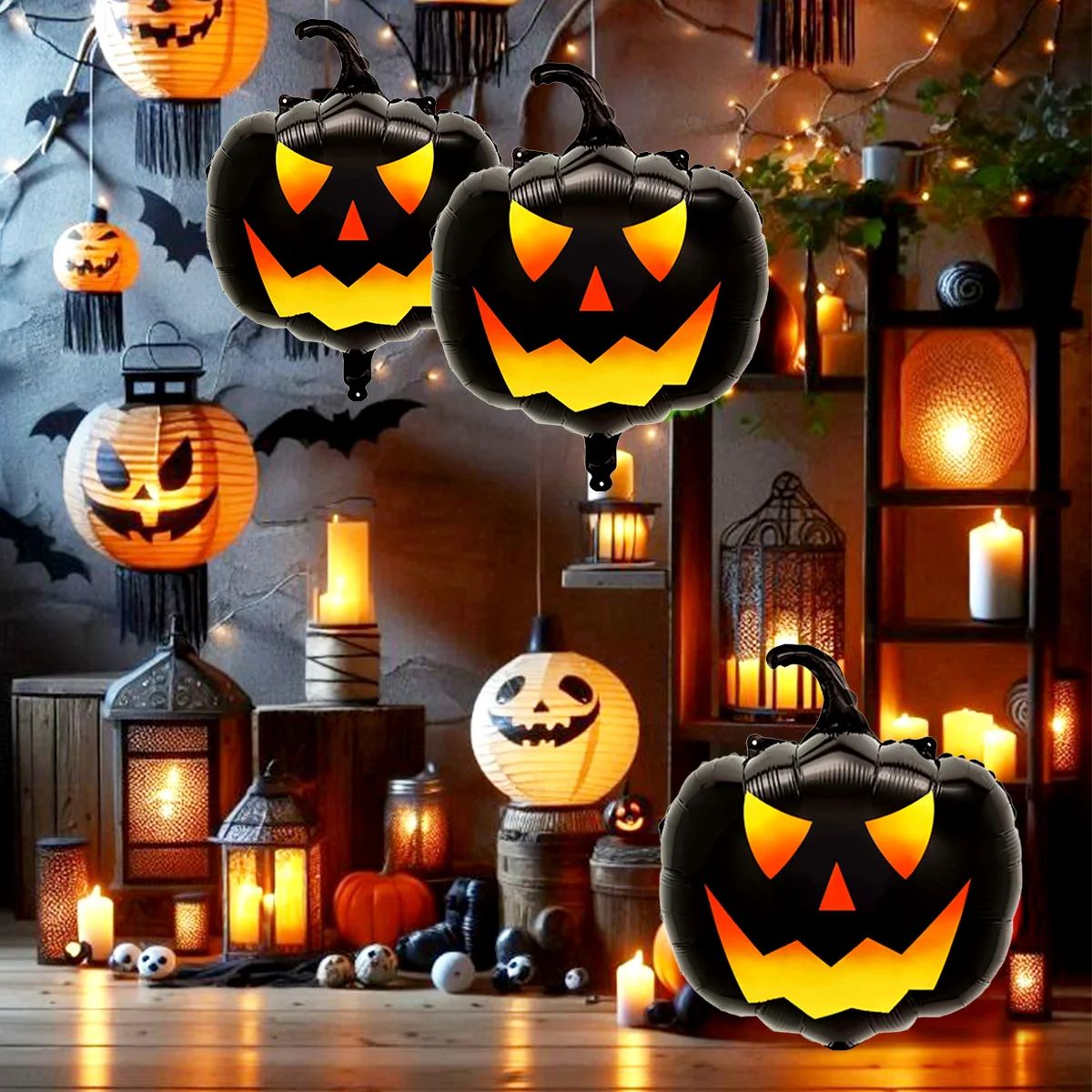 3pcs Black Pumpkin Head Balloons, Suitable for Halloween Horror Atmosphere Theme Decoration, Indoor and Outdoor Activity Props