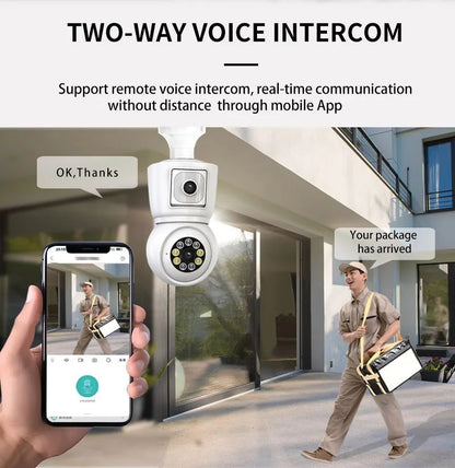 8MP E27 Bulb WiFi Camera 4K Dual Lens Dual Screen Cam Auto Tracking Two Way Audio Night Vision CCTV Security Protection ICSEE