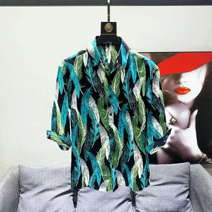 Retro Feather Print Quarter-sleeved Shirt Men's New Korean Style Slim Design Niche Mid-sleeved Floral Shirt