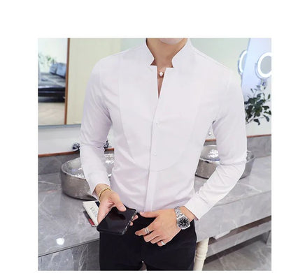 Black Men Long Sleeve Shirt, White Single Breasted Collar Stretch Shirts, Red Fashion Slim Top,Asian Size M-5XL(Korean Slim Fit)
