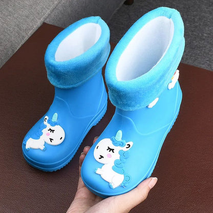 Children's Fleece-Lined Non-Slip Rain Boots For Boys And Girls Cartoon Cute Princess Style Anti-Slip Four Seasons Kids Shoes